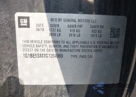 2016 Chevrolet Cruze Lt Auto из США, поврежденный, VIN 1G1BE5SM7G7284969